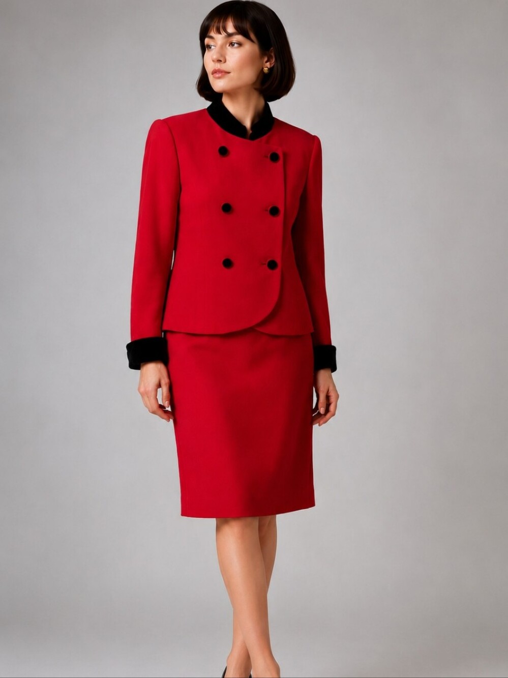 80's Vintage Jennifer Moore Red Wool Skirt Suit 10P Black Velvet Retro Y2K Glam